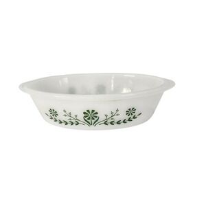 Vintage Glasbake Milk Glass Oval Casserole Dish Green Daisy Floral J-535 USA